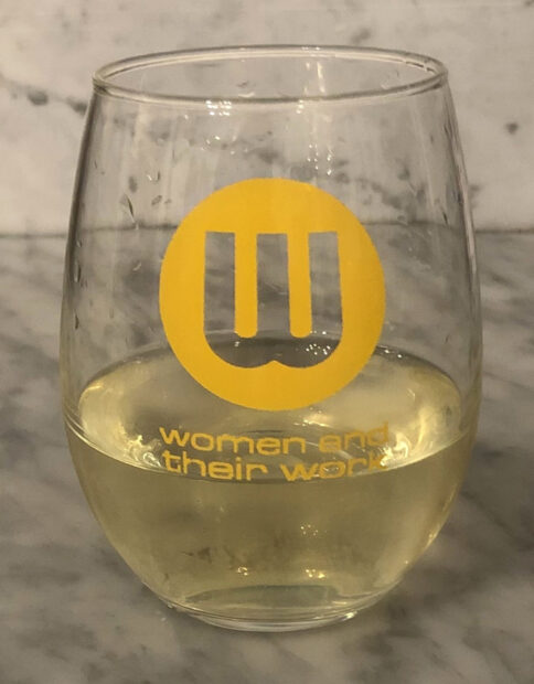Reusable wine glasses with the Women and their work logo