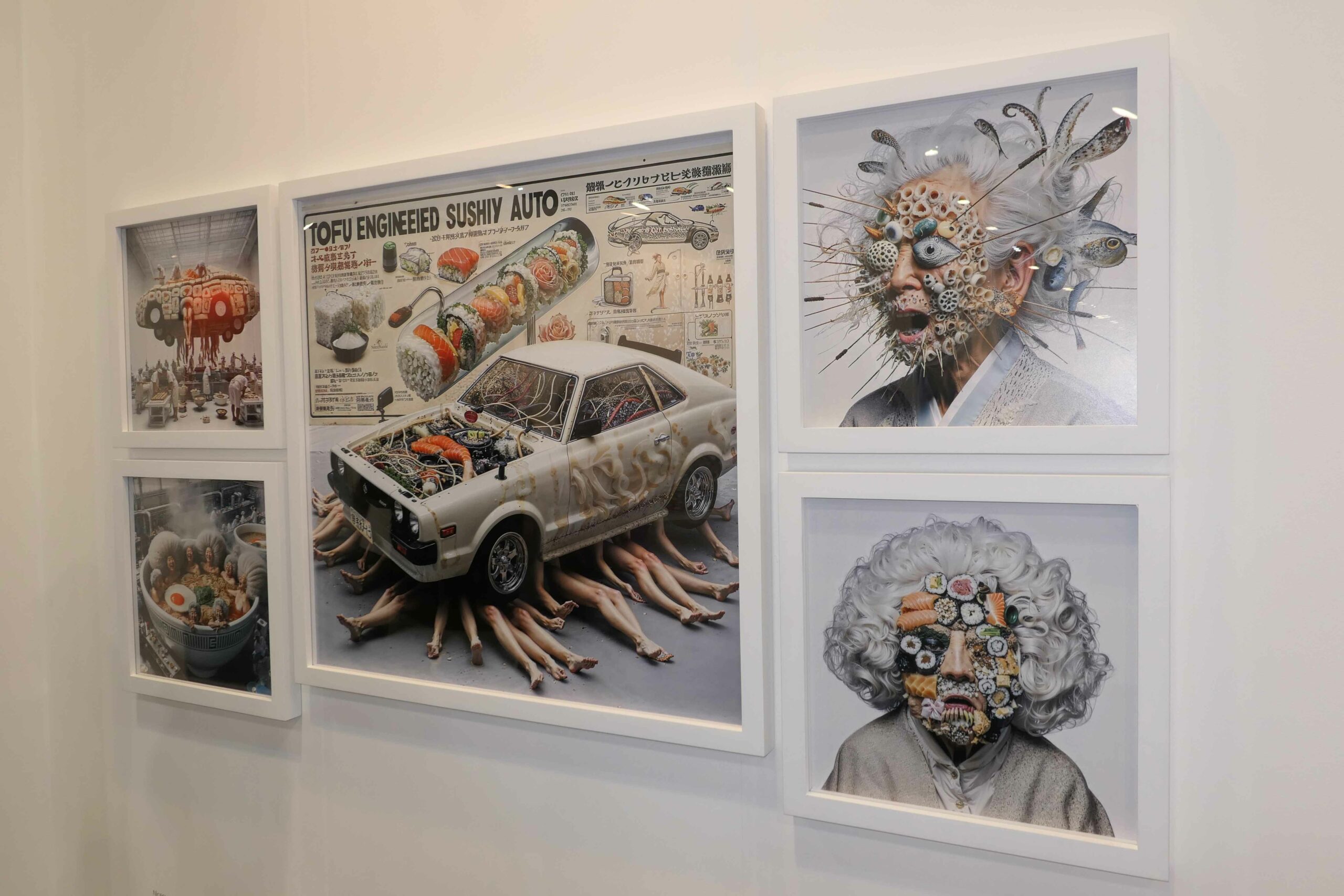 Five framed artworks of contemporary surrealism.