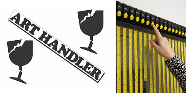 A side-by-side image of a designed graphic featuring broken glasses and text that reads "Art Handler" and a photograph of a wall of mounted tape measures.