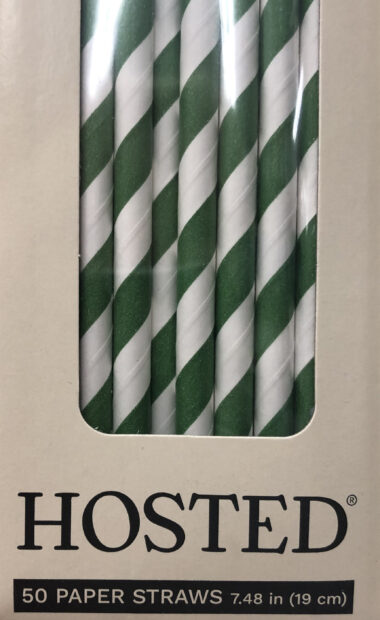 Photo of green and white striped paper straws in packaging