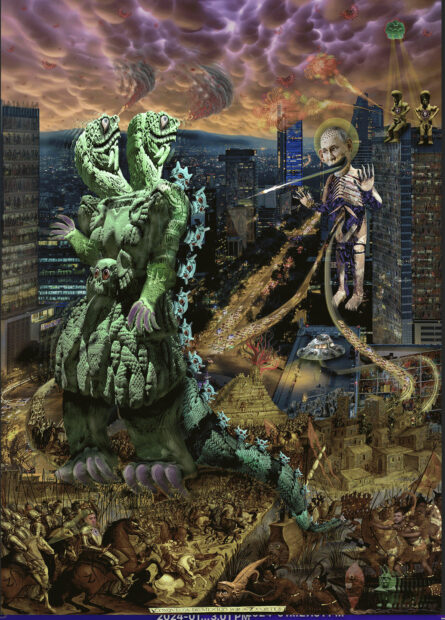 Lenticular of a Godzilla-Cuatlicue hybrid monster destroying a city