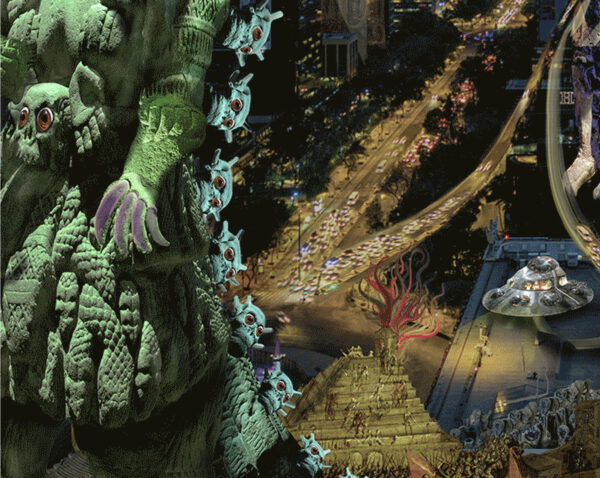 Detail of an image of aa godzilla-cuatlicue monster destroying a city