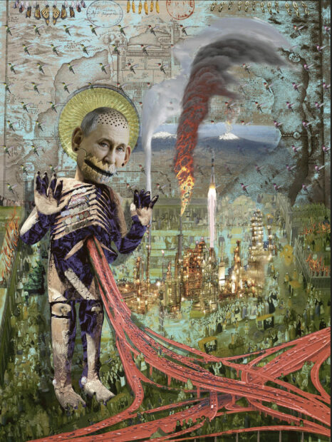 Detail of a skeleton Putin in a lenticular print of a city being destroyed