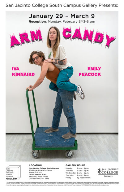 A designed graphic promoting the exhibition "Arm Candy."