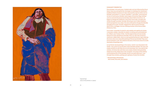 A photograph of a book spread showcasing a stylized portrait on the left and a personal writing on the right by Brenda Kingery.