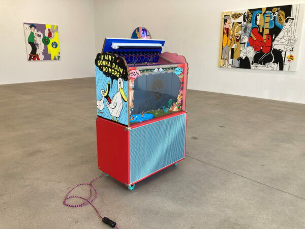 Kris Pierce, “Cosmic Rerun”, 2024, acrylic on MDF, print on acrylic, walnut, tolex, grill cloth, clear casters, speakers, Baltic birch, arcade buttons, amplifier, custom cabling, custom power cable, black light, HD video on commercial display, 54 x 18 x 32 inches.