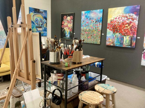 Photo of the inside of a painting studio