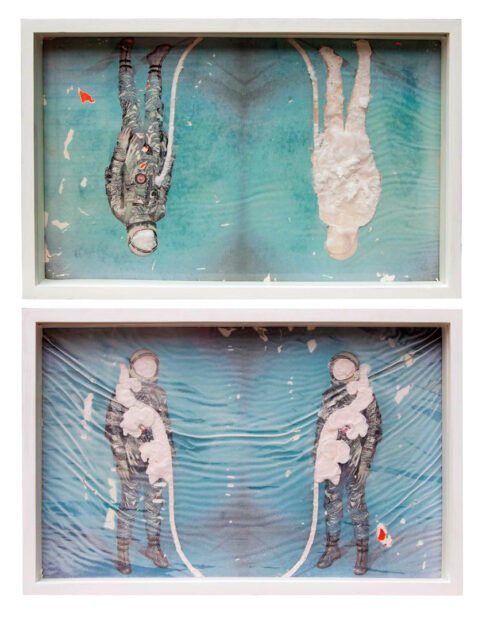 A photograph of a mixed media diptych by Jason Willome, featuring a pair of figures wearing astronaut flight suits that are connected.
