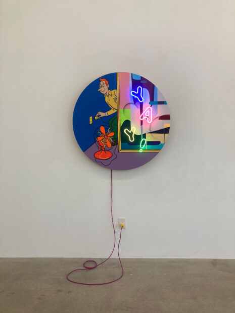 Kris Pierce, “Yay!,” 2024, acrylic, enamel, custom power cable and neon on birch panel, 42 inches Tondo