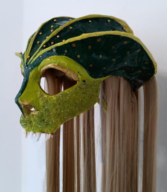 A photograph of a work by Sarah Fox. The piece is a partial mask with hair attached to it.