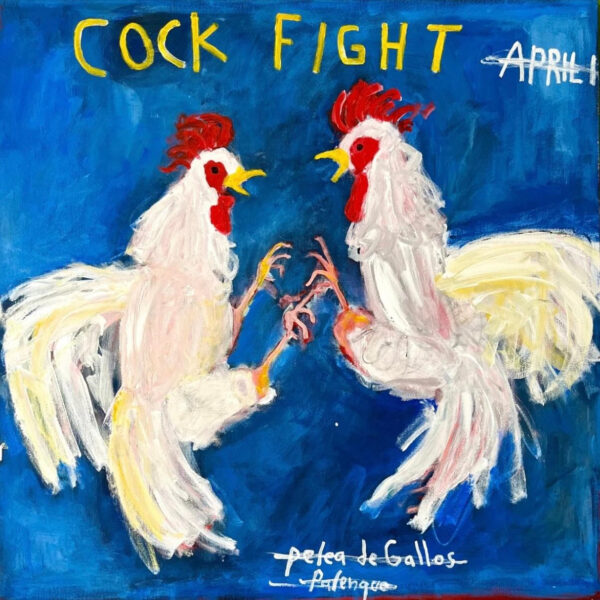 A painting by Tyler Casey depicting two roosters fighting.
