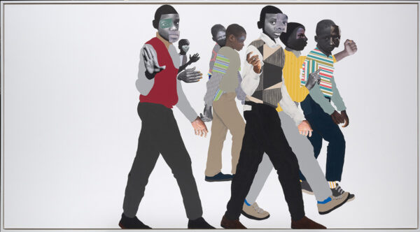 A photograph of a collage by Deborah Roberts featuring a group of young African American boys.