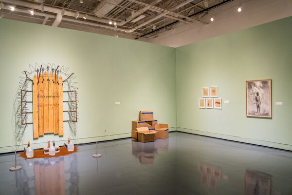 An installation image featuring works from the 2024 Border Biennial at the El Paso Museum of Art.