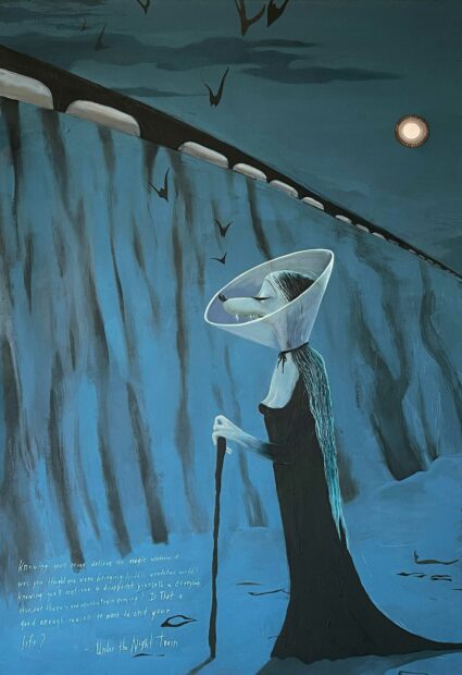 Blue mixed media painting of a female figure with the face of a dog in a cone walking at night with a stick