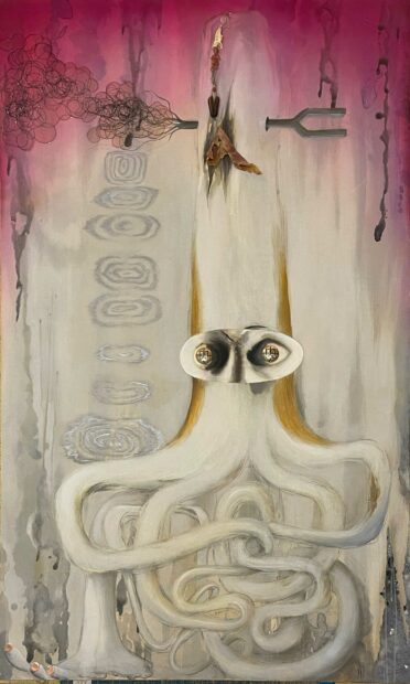 Painting of an octopus looking creature against a pink and white backdrop