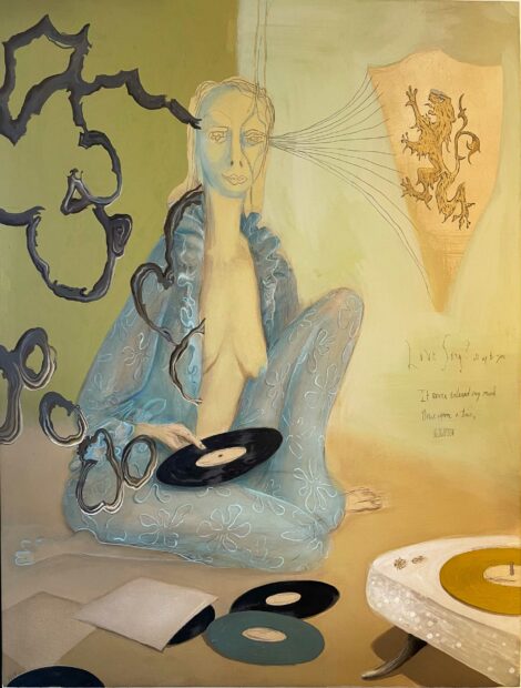 Figure with exposed breasts wearing a blue coat holding vinyl records in a yellow room