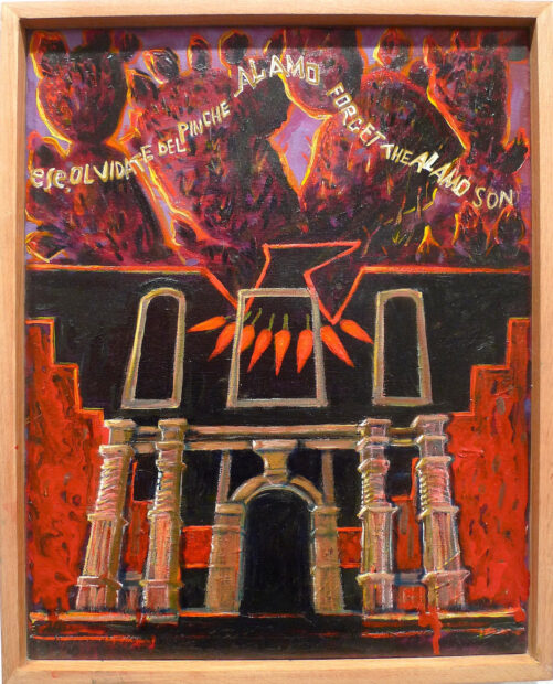 Chicano style painting of the facade of a classical structure with the words "olvida del pinche alamo"