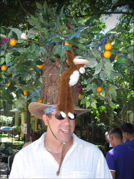 Photo of a man wearing a hat in the shape of a tree