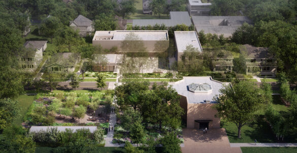 An aerial view rendering of designs for The Rothko Chapel.