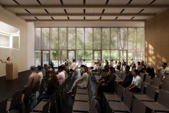 A rendering of the design of the interior of an educational space at the Rothko Chapel.
