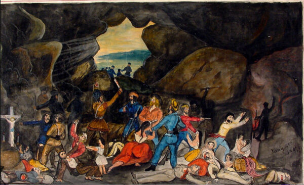 Painting of a massacre in a cave