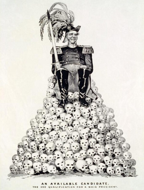 Emperial soldier holding a sword and siting on a pile of skulls