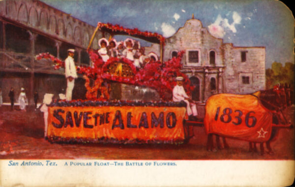 Postcard of fiesta celebrations in front of the alamo