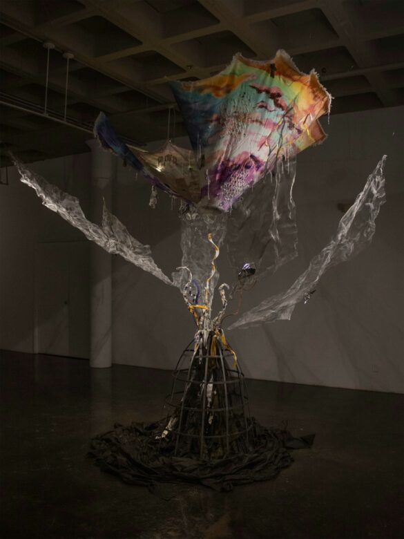 Large scale sculpture installation made of fabric, mesh, and felt