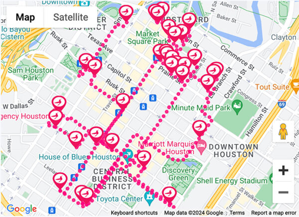 A google map showcasing locations of murals in downtown Houston.