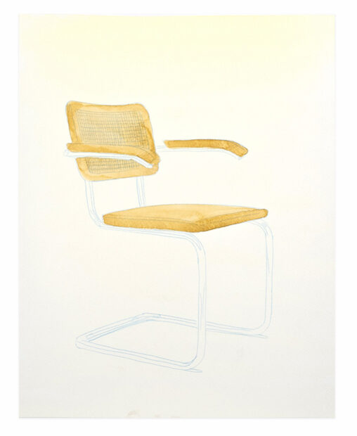 A watercolor painting of a dining chair made of cane and metal tubing.