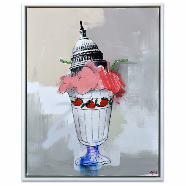 A painting of a sundae; in the glass is the U.S. Capitol.