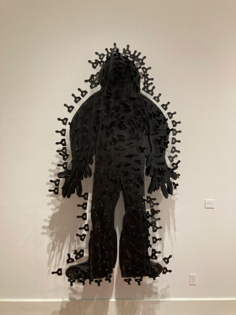 Christopher Blay, “The Traveler (or Diaspronauts),” 2023, afro picks, metal, and acrylic paint on insulation foam