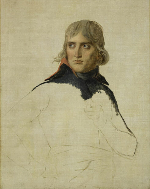 An unfinished oil painting of Bonaparte, in which only his head and the top of his shoulders are painted, the rest of of the portrait remains as a sketch.