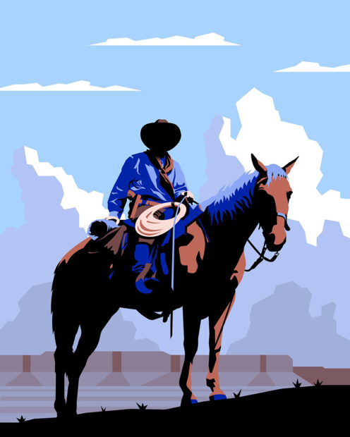 A digital design by Jeremy Booth featuring a man on a horse.