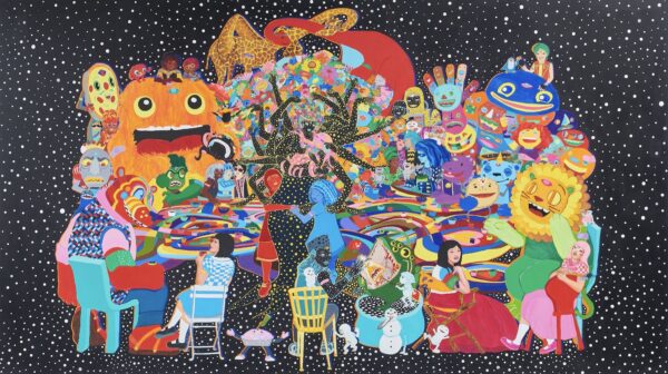 A mixed media work by JooYoung Choi featuring an array of figures and creatures gathered at a colorful table.