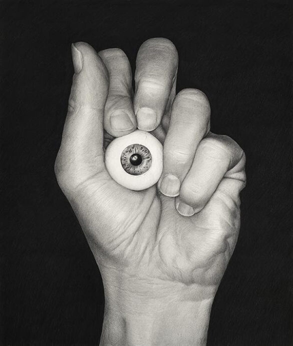 A drawing by Karl Haendel of a hand holding an eyeball.