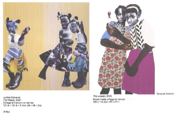 Side-by-side works by Lynthia Edwards and Deborah Roberts.