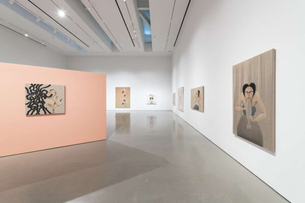 Installation view ot 2d paintings on white and pink walls