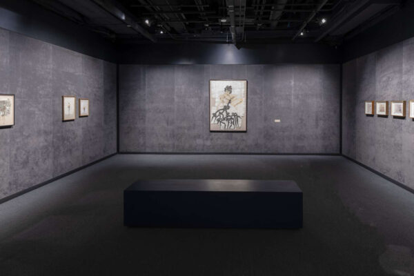 Installation view of 2d works against a black background