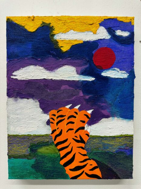 A colorful background is interrupted by the violent thrust of a tiger paw.