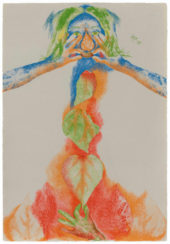 A photograph of a colorful lithograph of an abstracted figure.