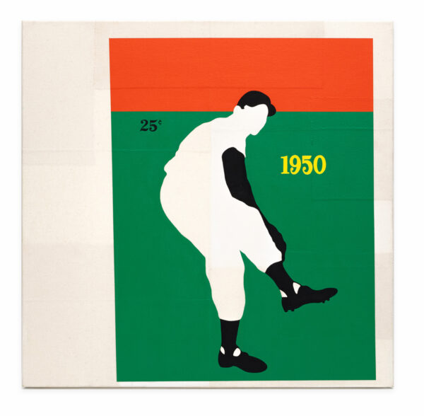 The outline of an old-timey looking baseball pitcher. The text 1950 and 25 cents is on the painting.