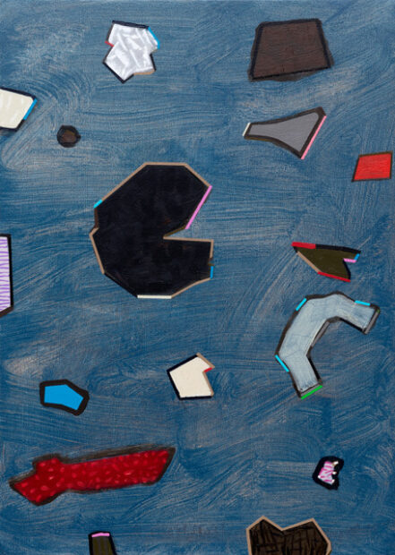 An abstract work featuring colored shapes on a blue background.