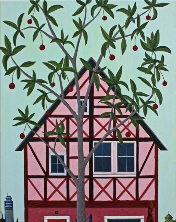 A painting featuring a pink house behind a tree.