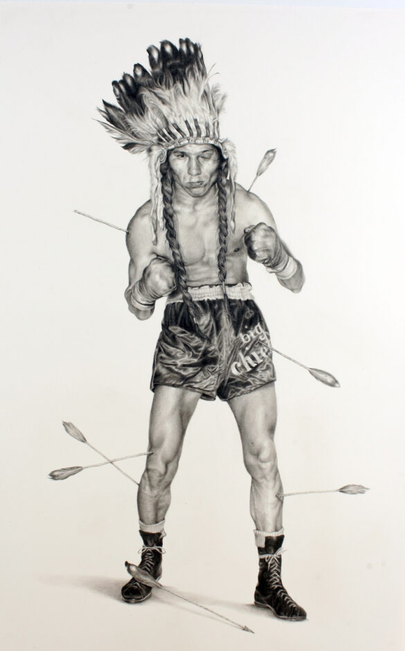 A boxer wears a large headdress. He is shot with many arrows.