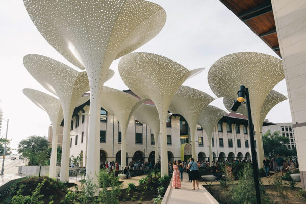 Large white structures in the shape of lilies tower over passersby outside of an art museum.