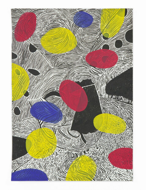 A black and white line drawing featuring swirling shapes, overlaid with yellow, red, and blue dots.