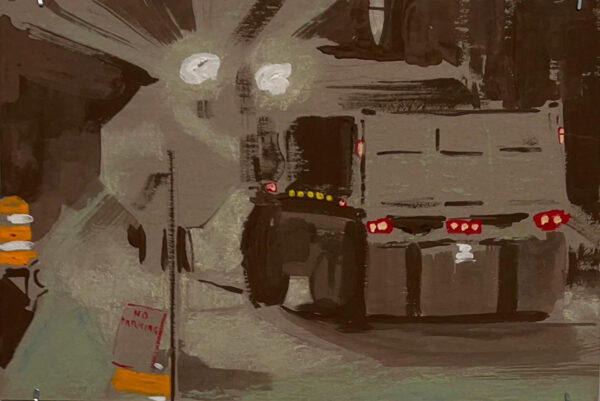 Painterly image of the back of a large truck in a construction zone