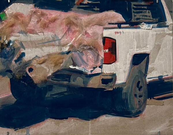 Painterly, collaged work of stacks of rolled carpet in the back of a truck
