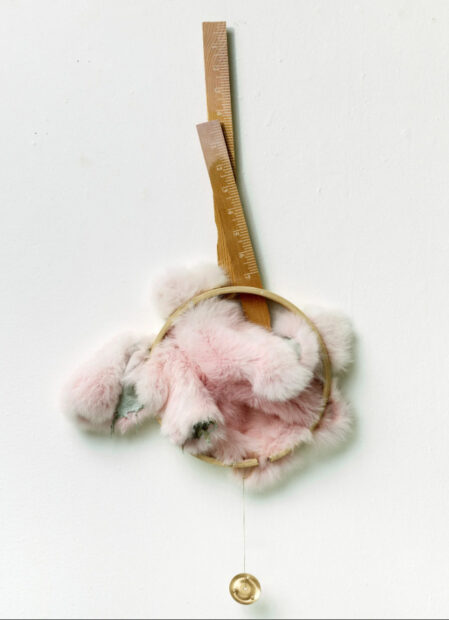 A sculpture with pink fur and rulers